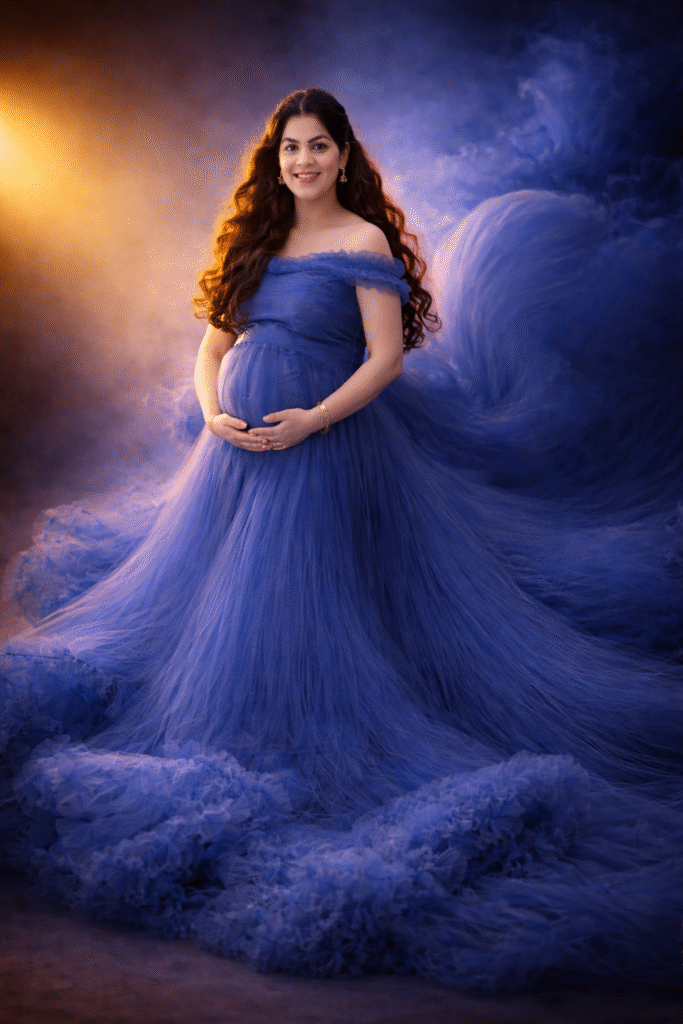 Pregnant woman in blue tulle gown